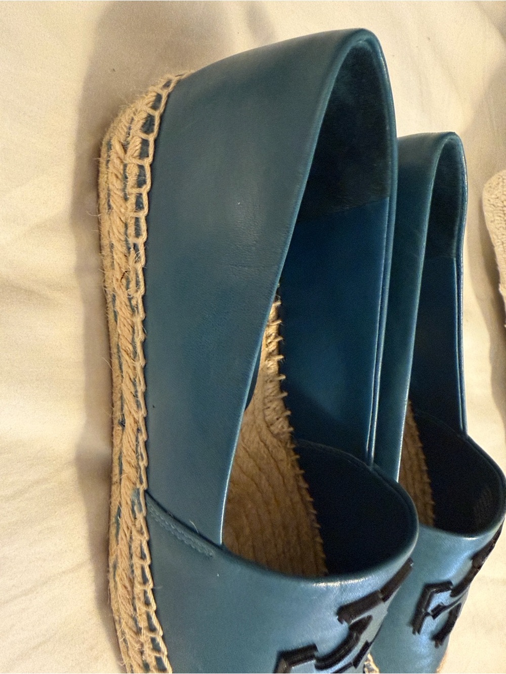 Tory Burch Teal Leather Espadrille Flats with Logo